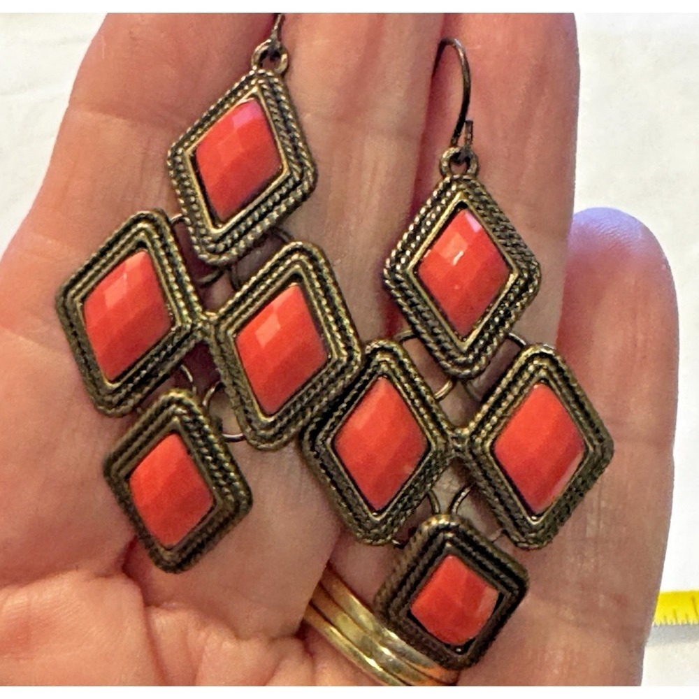 Bohemian Coral Geometric Diamond Drop Earrings Bronze Tone Statement Dangle